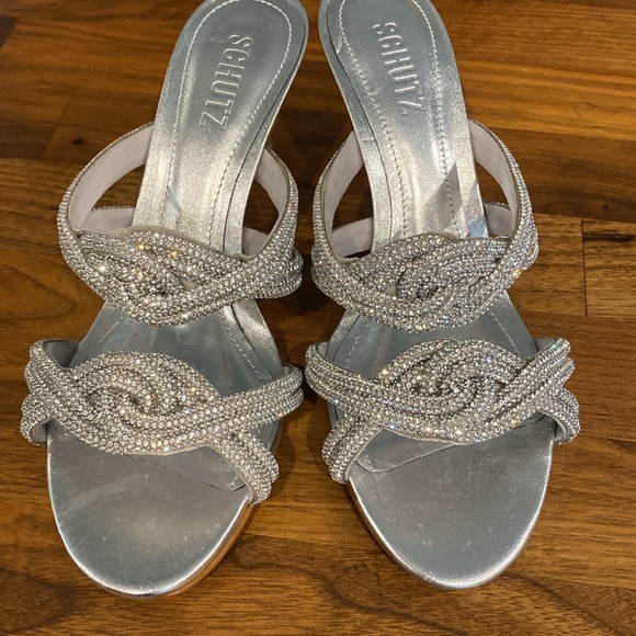 Schutz Jocelyn Mule Leather Glitter Silver Sandal size 7 NEW - Picture 8 of 10